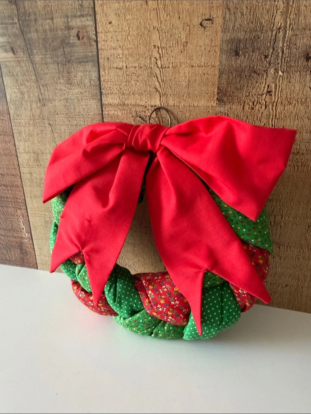 VTG Handmade Kitschy Quilted Red and Green Christmas Wreath Cottagecore